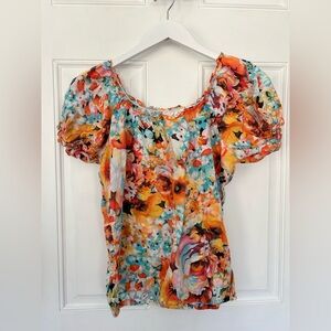 Harve Benard Orange, Yellow & Teal Floral Puff-Sleeve Blouse